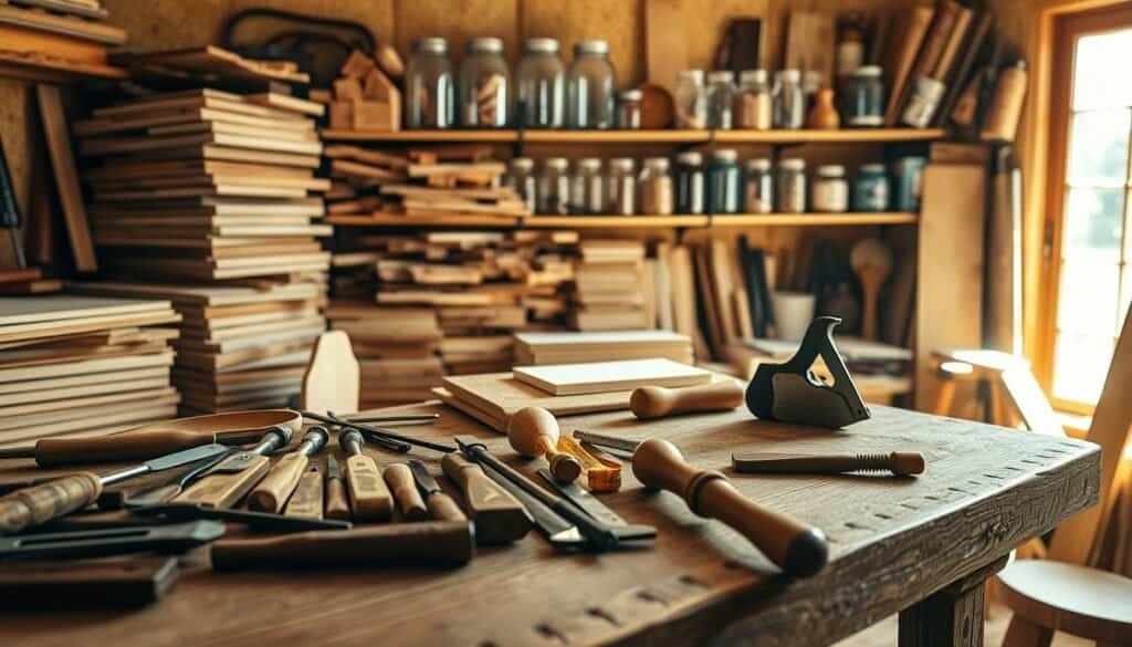 A cozy woodworking workshop filled with an array of essential tools and materials. In the foreground, a beautifully worn wooden workbench showcases an assortment of hand tools like chisels, a hand saw, and a measuring tape, all reflecting the soft, bright light streaming in from a nearby window. The middle ground features stacks of various types of wood—pine, oak, and birch—arranged neatly, along with a set of clamps and a wooden mallet. In the background, well-organized shelves hold jars of screws, nails, and finishes, bathed in warm, natural light that creates an inviting atmosphere. Capture this scene from a slight angle to emphasize depth, evoking a sense of calm and productivity ideal for weekend DIY woodworking projects.