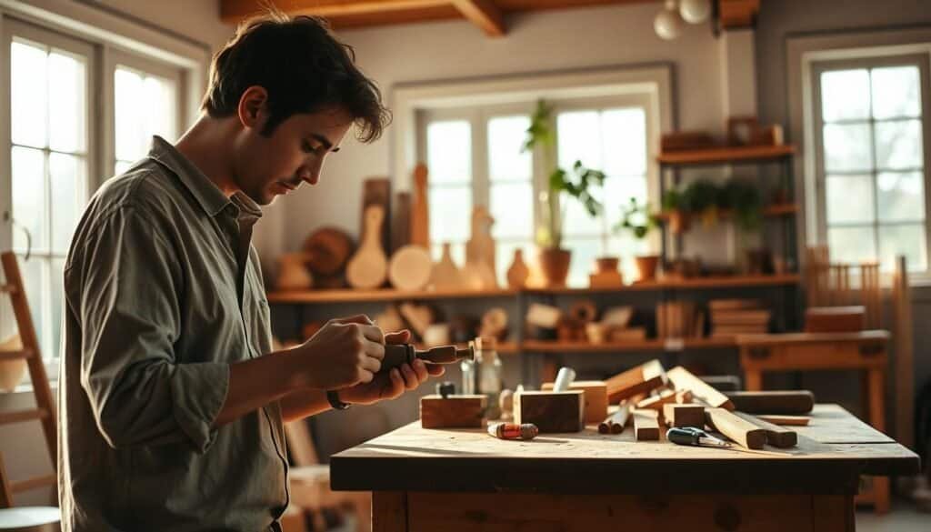 A cozy woodworking workshop filled with natural light filtering in through large windows. In the foreground, a person in modest casual clothing is focused on shaping a piece of wood with a hand tool, showcasing concentration and serenity. The middle layer features various woodworking tools neatly arranged on a workbench, surrounded by freshly cut wooden pieces, hinting at creativity and craftsmanship. In the background, shelves lined with completed wooden projects and plants add a touch of warmth, enhancing the inviting atmosphere. The lighting is soft and warm, casting gentle shadows, creating a peaceful and therapeutic mood, emphasizing the calming nature of woodworking and its mental health benefits.