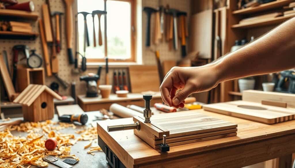A cozy woodworking workshop filled with tools, vibrant wood shavings, and completed small wood projects like a wooden birdhouse and a simple cutting board. In the foreground, a pair of hands skillfully adjusting a wood clamp on a workbench, showcasing attention to detail in DIY woodworking. The middle ground features an organized tool wall with hammers, saws, and measuring tapes neatly arranged, emphasizing a practical atmosphere. The background is softly illuminated by bright natural light filtering through a tall window, casting gentle shadows that enhance the space's warmth and creativity. The mood is inspiring and focused, inviting viewers to learn through the visual depiction of troubleshooting common issues in small wood projects.
