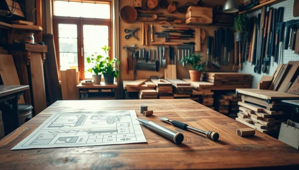 A cozy woodworking workshop scene, with a beautifully stained wooden workbench in the foreground displaying detailed wood project plans and tools like chisels and saws. The middle ground features neatly arranged wooden boards, showcasing a variety of textures and colors. In the background, sunlight streams through a large window, illuminating the space with warm, soft natural light. The atmosphere is calm and inviting, with plants in pots adding a touch of greenery. A well-organized tool wall can be seen, enhancing the artisanal vibe of the workshop. The overall scene conveys a sense of relaxation and creativity, perfect for inspiring a peaceful woodworking experience.