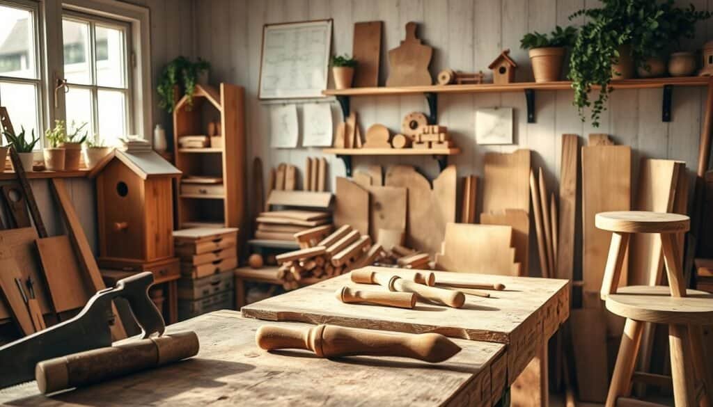 A cozy woodworking workspace filled with simple, completed wooden projects, such as a handcrafted birdhouse, a small bookshelf, and a rustic wooden stool. In the foreground, a well-worn workbench with tools like a hand saw and chisel, bathed in soft, natural sunlight streaming through a window. The middle ground features neatly organized wooden pieces and simple plans pinned on the wall, inspiring creativity. In the background, shelves adorned with finished crafts and greenery add warmth to the scene. The atmosphere conveys a sense of calm and satisfaction in crafting with emphasis on simplicity. The lighting enhances the textures of the wood, creating an inviting and airy feel in the well-lit space.