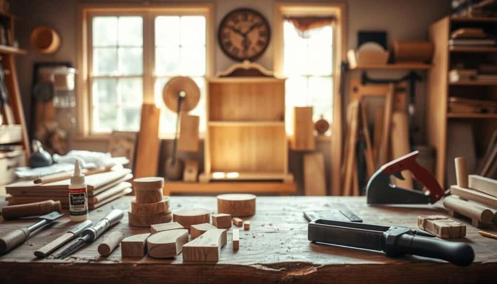 A cozy workshop environment showcasing various wood crafting projects. In the foreground, a well-worn workbench holds an array of tools like chisels, a hand saw, and wood glue, along with pieces of freshly cut wood in varying shapes and sizes, reflecting the idea of small yet creative projects. In the middle ground, a beautiful wooden shelf is partially assembled, highlighting craftsmanship and attention to detail. The background features bright, airy windows allowing soft, natural sunlight to stream in, illuminating the workshop with a warm glow. The atmosphere feels inviting and inspiring, perfect for encouraging new wood crafters. The composition captures a sense of tranquility and focus, ideal for preparing oneself for success in woodworking.