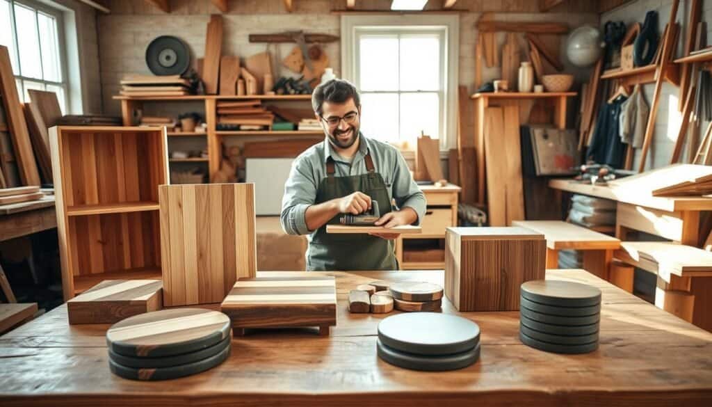 A cozy workshop filled with achievable woodworking projects. In the foreground, a rustic wooden table showcases a variety of completed items like a sturdy bookshelf, a simple coffee table, and a set of decorative coasters, all crafted from different types of wood. In the middle, a skilled carpenter, dressed in modest casual clothing, is focused and smiling while sanding a small shelf, embodying the joy of woodworking. The background features well-organized tools, sunlight streaming through a large window, illuminating the scene with a warm and inviting glow. The atmosphere is uplifting and motivational, emphasizing the satisfaction of creating functional wooden pieces in a bright, airy space.