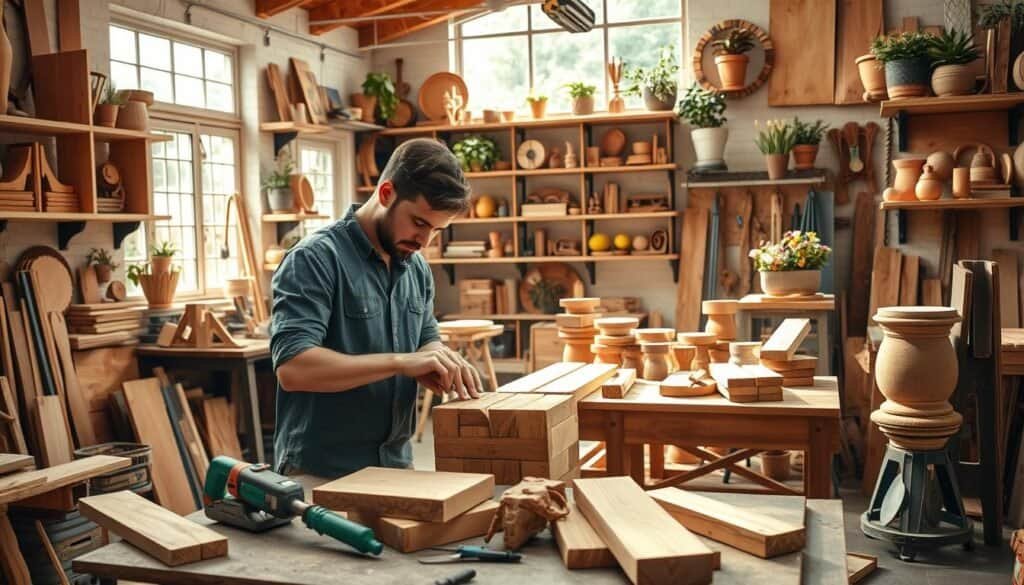 A cozy workshop filled with an array of DIY wood crafts, emphasizing functional and decorative items like handcrafted shelves, rustic wooden stools, and elegant wooden planters. In the foreground, a skilled woodworker, dressed in a smart casual outfit, meticulously sanding a piece of wood, showcasing details of craftsmanship. The middle ground features tools like saws, clamps, and wood pieces resting on a workbench, surrounded by freshly cut timber. The background reveals a bright, airy space with large windows allowing soft sunlight to filter in, illuminating the entire scene. The atmosphere exudes warmth and creativity, reflecting the value of DIY projects in enhancing real homes with personal touches. The setting is vibrant, organized, and inviting, capturing a moment of inspiration in woodworking.
