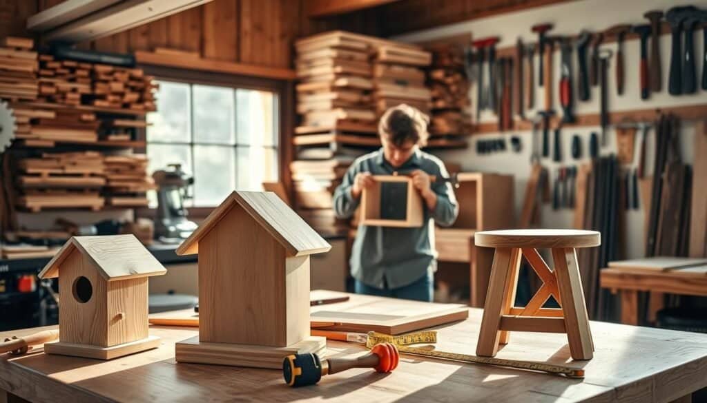 A cozy workshop filled with beginner-friendly woodworking projects, featuring a well-organized workbench adorned with tools like a saw, hammer, and measuring tape. In the foreground, a beautifully finished wooden birdhouse and a rustic wooden stool are displayed, showcasing the warmth of natural wood grain. The middle ground reveals a novice woodworker, dressed in modest casual clothing, focused on assembling a simple bookshelf with precision. Soft sunlight floods the room through a large window, casting warm, inviting shadows that enhance the scene. The background features neatly stacked wood planks and an array of hand tools on the wall, creating an inspiring and motivating atmosphere that embodies the joy of DIY woodworking. The overall mood is uplifting and encouraging, perfect for beginners embarking on their woodworking journey.