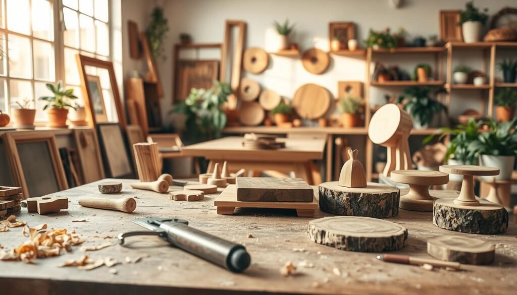 A cozy workshop filled with creative scrap wood crafts, showcasing a variety of handcrafted items such as rustic picture frames, elegant wooden coasters, and charming plant stands. In the foreground, a well-used workbench cluttered with tools like a handsaw, wood glue, and natural wood shavings reflects the essence of DIY woodworking. The midground features a bright, airy workspace illuminated by soft sunlight streaming through large windows, highlighting the textures and grains of the scrap wood. In the background, potted plants and simple shelves lined with completed projects create an inviting atmosphere. The overall mood is warm and inspiring, encouraging creativity in a sustainable way. The composition is framed with a soft focus, emphasizing the crafts while maintaining a welcoming and homely feel.
