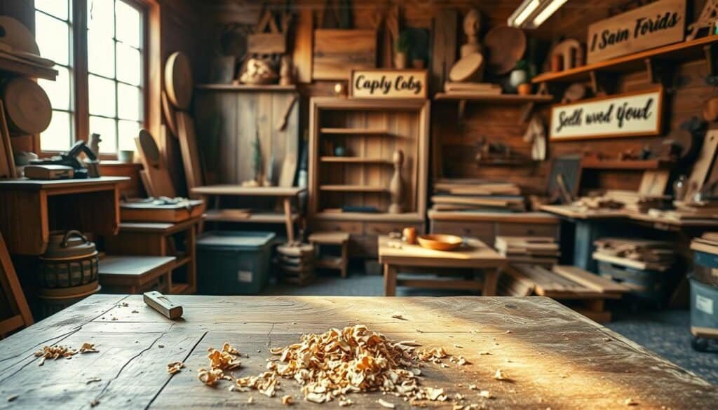 A cozy workshop filled with customized wood projects made from reclaimed wood, showcasing unique handmade furniture and décor items like a rustic coffee table, an intricately designed bookshelf, and personalized wooden signs. In the foreground, focus on a weathered worktable adorned with woodworking tools and wood shavings, illuminated by soft natural sunlight filtering through a nearby window. The middle of the scene highlights the wood projects, each displaying distinct textures and colors, emphasizing their bespoke nature. The background features a warm, inviting ambiance with soft-focus shelves lined with more reclaimed wood creations. The atmosphere conveys creativity and craftsmanship, portraying a sense of personal connection to each project. Capture this scene with a wide-angle lens to offer a comprehensive view of the workspace.