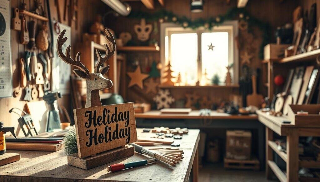 A cozy workshop filled with seasonal holiday wood projects. In the foreground, a beautifully crafted wooden reindeer and a charming holiday-themed sign are displayed on a workbench, surrounded by tools and woodworking materials. The middle ground features a collection of small wooden ornaments, like snowflakes and stars, all handcrafted and painted in festive colors. In the background, a window lets soft, warm sunlight stream in, illuminating the workshop and creating gentle shadows. The atmosphere is inviting and cheerful, reflecting the joy of creating holiday decorations. The overall scene is captured using a wide-angle lens, highlighting the details of the projects and the warmth of the workshop. Aim for a bright, airy mood, emphasizing a sense of accomplishment and creativity.