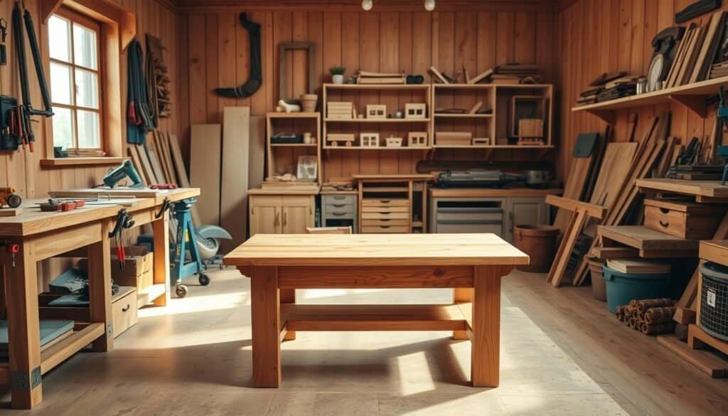 A cozy workshop filled with various DIY woodworking projects, showcasing a beautifully crafted wooden coffee table taking center stage in the foreground. To the left, a well-organized workbench with tools like a saw, chisel, and clamps, illuminated by soft, natural sunlight streaming through a nearby window. In the background, shelves lined with finished wooden projects like shelves and planters, adding depth and character to the scene. The room has warm wooden walls and a rustic charm, creating an inviting and inspiring atmosphere. The lighting enhances the textures of the wood, emphasizing the craftsmanship and creativity involved in woodworking. The overall mood is joyful, encouraging a sense of accomplishment and the rewards of DIY hobbies.