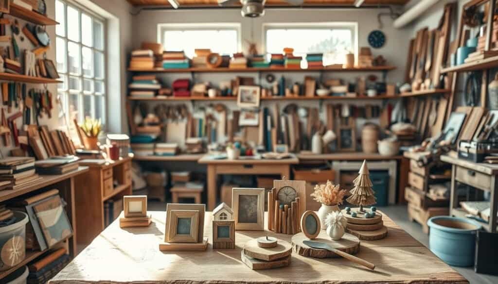 A cozy workshop filled with various scrap wood crafts displayed creatively. In the foreground, a rustic wooden table showcases small, handcrafted items like picture frames, coasters, and decorative trinkets made from reclaimed wood. The middle ground features shelves brimming with colorful wood pieces and tools, while a soft, warm light illuminates the scene. In the background, large windows allow bright, natural sunlight to flood in, casting gentle shadows that enhance the textures of the wood. The atmosphere is inviting and inspirational, reflecting the charm of DIY projects and the beauty of turning simple materials into treasures. The image captures a sense of creativity and craftsmanship in a well-decorated, airy space, highlighting the potential of scrap wood.