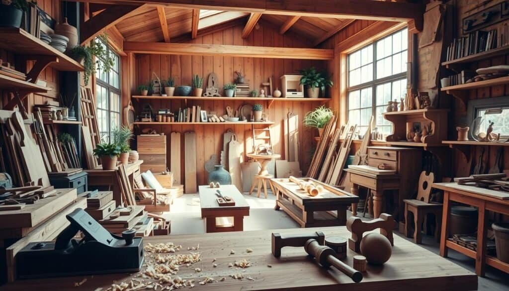 A cozy workshop filled with various woodworking projects, showcasing beautifully crafted wooden items like a rustic coffee table, intricately designed shelves, and handmade wooden toys. In the foreground, tools such as a planer, chisel, and saw are neatly arranged on a wooden workbench, with shavings scattered around, hinting at recent work. The middle ground features a warm, rustic atmosphere with wooden beams and shelves adorned with potted plants and inspirational woodworking books. In the background, bright natural light pours in through large windows, illuminating the space with soft sunlight, creating an airy and inviting mood. The scene captures the essence of personal craftsmanship, evoking a transformation of home through meaningful DIY wood projects.