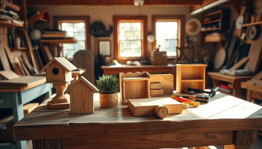 A cozy workshop filled with weekend wood projects, captured in soft natural sunlight. In the foreground, a rustic wooden workbench showcases several small, finishable projects like a birdhouse, a wooden planter, and a simple shelf, intricately detailed and well-crafted. The middle ground features hand tools neatly arranged—saws, hammers, and measuring tape—giving a sense of readiness. The background reveals a bright, airy space with sunny windows, adding warmth and inspiration. The overall atmosphere is inviting and productive, encouraging the viewer to engage in woodworking. Use a wide-angle lens to capture the entire scene with vibrant colors and a cheerful, rewarding mood. No text or watermarks in the image.