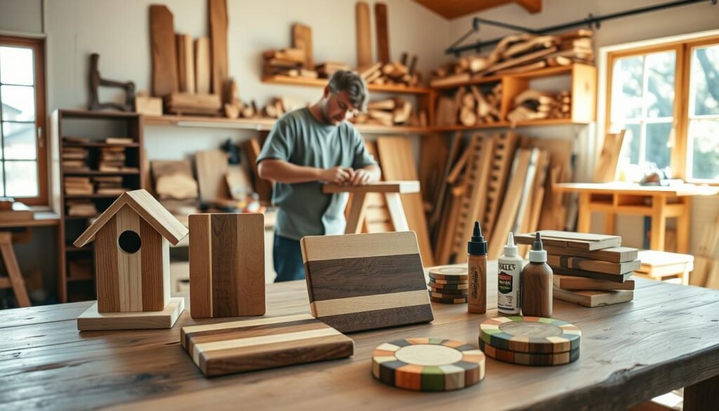 A cozy workshop scene featuring a variety of simple woodworking projects. In the foreground, a wooden table showcases a beautifully crafted birdhouse, an elegant cutting board, and a set of colorful wooden coasters, all hand-finished. In the middle, a skilled artisan dressed in modest casual clothing is intently sanding a wooden stool, surrounded by tools like a saw, hammer, and wood glue. The background reveals a well-lit workshop with large windows letting in bright natural light and soft sunlight, illuminating the warm hues of the wood. The atmosphere is inviting and creative, with wooden shelves filled with various wood types and completed projects, evoking a sense of warmth and craftsmanship in the home.
