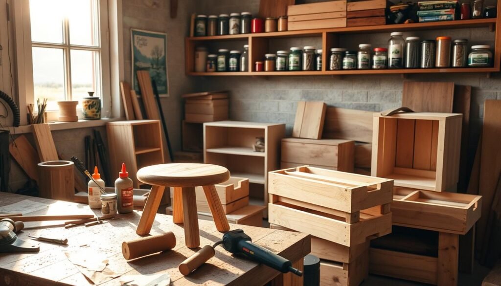 A cozy workshop scene featuring an array of simple DIY wood projects, such as a handcrafted stool, a small bookshelf, and unfinished wooden crates. In the foreground, tools like a saw, sandpaper, and wood glue are neatly organized on a rustic workbench. The middle ground showcases various wood pieces waiting to be crafted, illuminated by warm, soft sunlight streaming through a nearby window, casting gentle shadows. In the background, shelves filled with jars of screws, paints, and woodworking books create an inviting atmosphere. The overall feeling is calm and inspiring, reflecting the joy of creativity and the satisfaction of making something useful on a relaxing weekend.