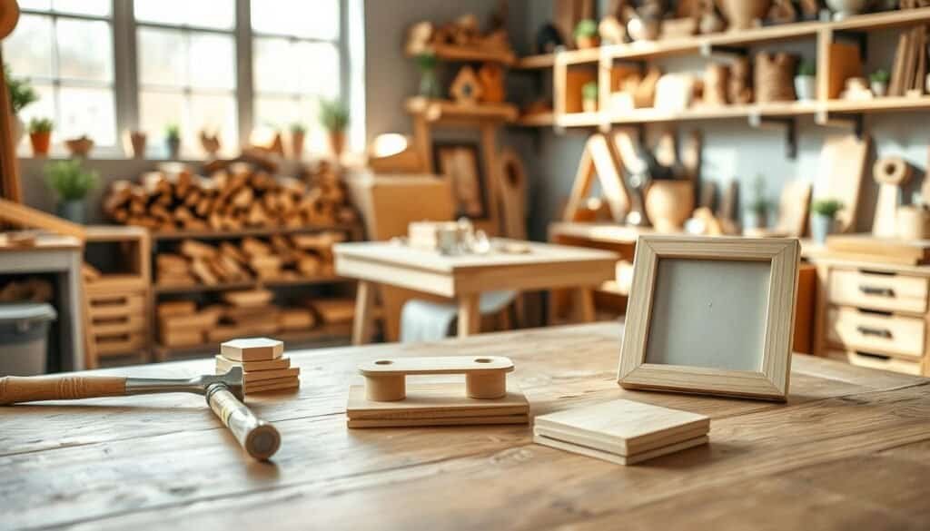 A cozy workshop scene highlighting easy wooden decor projects for beginners. In the foreground, display a neatly arranged wooden table with simple, rustic items like a small wooden shelf, a set of coasters, and an unfinished picture frame. Incorporate light tools such as a hammer and sandpaper, emphasizing the DIY aspect. In the middle, show a soft-focus background of a well-organized workshop with shelves filled with wood, small potted plants, and decorative wooden pieces. Use bright, natural light filtering in through a window, creating a warm and inviting atmosphere. Capture the scene from a slightly elevated angle to highlight the projects on the table, evoking a sense of creativity and simplicity in woodworking.