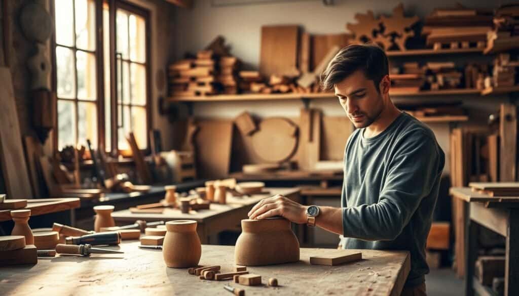 A cozy workshop scene reflecting the theme of restlessness and mental health, featuring a wooden workbench cluttered with tools and partially crafted wood pieces. In the foreground, a focused individual in modest casual clothing, gently sanding a small wooden object, their expression conveying deep concentration and calm. The middle ground captures soft sunlight streaming through large windows, illuminating the workshop filled with various wooden pieces, creating an atmosphere of creativity and tranquility. The background showcases neatly arranged shelves filled with completed projects and wood supplies, adding depth and warmth. The overall mood is serene and inviting, symbolizing the connection between creativity and mental well-being, with a bright, airy ambiance enhanced by natural lighting.