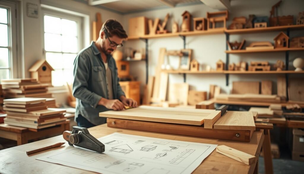A cozy workshop scene showcasing beginner-friendly woodworking projects. In the foreground, a well-organized workbench is adorned with neatly stacked wooden pieces, tools like a handsaw and chisels, and a detailed plan laid out, complete with sketches of simple projects like a birdhouse and a small shelf. The middle ground features a skilled individual, dressed in modest casual clothing, attentively measuring wood, illuminated by soft, natural light streaming through a nearby window. In the background, various completed wooden projects are displayed on shelves, giving the atmosphere a warm and inviting feeling. The overall mood is peaceful and productive, highlighting the joy of DIY woodworking in a bright, airy space.