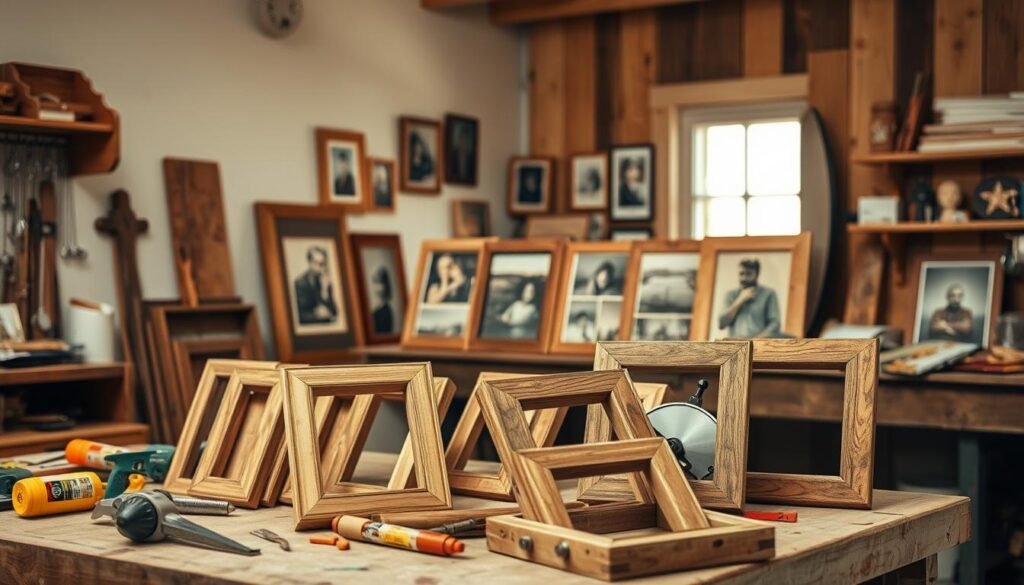 A cozy workshop scene showcasing rustic DIY picture frames made from reclaimed wood. In the foreground, several wooden frames in various stages of completion are arranged on a workbench, adorned with tools like a saw, glue, and sandpaper. The middle ground features a group of finished frames displaying vintage photographs, capturing the essence of a comfortable and lived-in home. The background reveals a softly lit room with warm, natural light filtering through a window, illuminating the wooden textures and enhancing the inviting atmosphere. The overall mood is one of creativity and warmth, reflecting the satisfaction of handmade home decor. The image should be bright, airy, and well-lit, evoking a sense of rustic charm and craftsmanship.