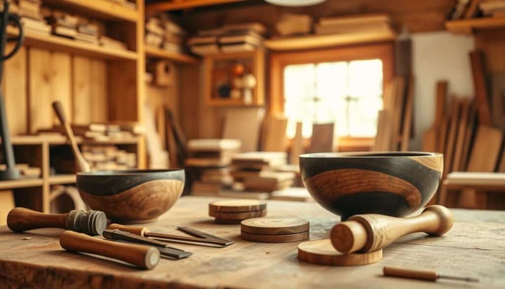 A cozy workshop scene showcasing simple woodworking projects, featuring a beautifully crafted wooden bowl and a set of stylish wooden coasters placed prominently on a rustic workbench in the foreground. In the middle, display hand tools like chisels and a wooden mallet, scattered artfully, emphasizing the craftsmanship process. The background includes a softly lit window allowing warm, natural light to bathe the workspace, highlighting dust motes in the air and creating an inviting atmosphere. Incorporate wooden shelves filled with neatly organized planks and wood samples, enhancing the artisanal feel. The overall mood is warm and inviting, inspiring creativity and simplicity in woodworking. Use soft, diffused lighting to enhance the textures and natural colors of the wood.