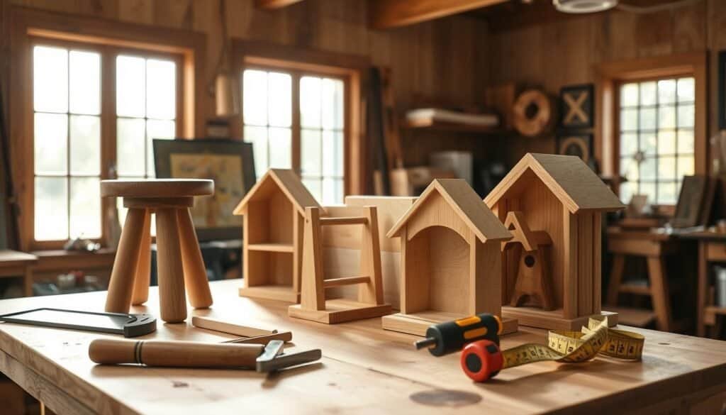 A cozy workshop scene showcasing simple woodworking projects, such as a handcrafted wooden stool, a small bookshelf, and a birdhouse neatly arranged on a workbench. In the foreground, tools like a saw, hammer, and measuring tape are placed beside the projects, capturing the essence of a beginner woodworker's journey. The middle ground highlights the details of the finished wood items, with rich textures and grains visible. The background features large windows that let in bright, soft sunlight, illuminating the space and creating an inviting atmosphere. The overall mood is warm and encouraging, emphasizing the beauty of starting small in woodworking. The image should be realistic, airy, and well-lit.