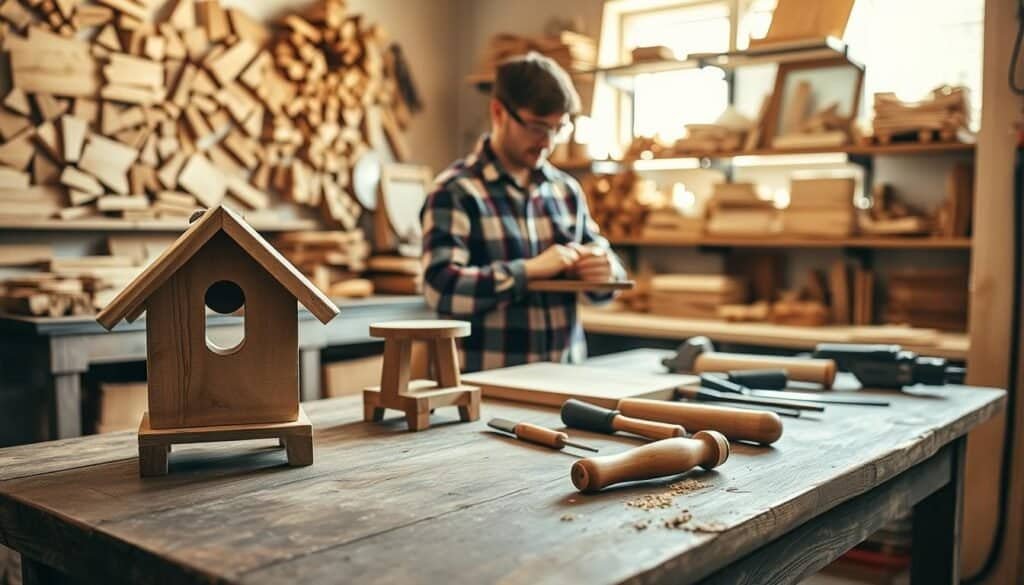A cozy workshop scene showcasing simple woodworking projects. In the foreground, a rustic wooden table displays a beautifully crafted wooden birdhouse, a small wooden stool, and a set of hand tools like chisels and a saw. The middle ground features a person in a flannel shirt and safety goggles, focused on sanding a piece of wood. Behind them, shelves are filled with neatly arranged wood scraps and finished projects, creating an inviting and organized atmosphere. Soft, bright natural light filters through a nearby window, casting warm, inviting sunlight across the workspace. The scene embodies a sense of satisfaction and creativity, encouraging the viewer to appreciate the charm of quick, finishable woodworking projects.