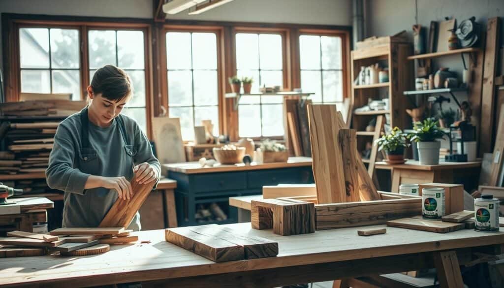 A cozy workshop scene showcasing the upcycling of wood scraps into useful items. In the foreground, a skilled artisan is carefully assembling pieces of reclaimed wood, wearing modest casual clothing, focused on their task. The middle ground features various finished projects, such as a rustic shelf and a decorative planter, artfully arranged on a workbench. In the background, soft sunlight filters through large windows, illuminating the space with a warm, inviting glow. Tools such as saws, sanders, and paint cans are organized neatly, enhancing the atmosphere of creativity and craftsmanship. The overall mood is uplifting and productive, emphasizing the beauty of repurposed materials in home décor.