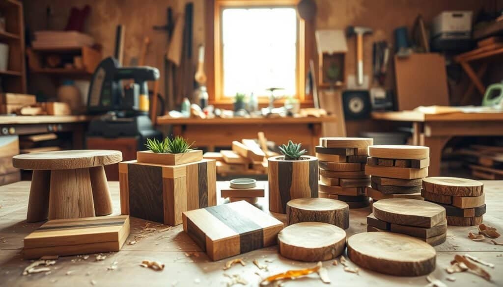 A cozy workshop scene showcasing upcycling scrap wood projects. In the foreground, a collection of handcrafted items made from various pieces of scrap wood, including a small rustic side table, a wooden planter, and unique coasters. The middle ground features a workbench with tools like a saw, hammer, and sandpaper, surrounded by scattered wood shavings. In the background, a window bathed in bright natural light illuminates the space, casting soft shadows and highlighting the textures of the wood. The atmosphere is warm and inviting, evoking creativity and craftsmanship, emphasizing the rewarding nature of working with reclaimed materials. The lens captures the scene at a slightly elevated angle, ensuring a clear view of both the projects and the workspace, without any human subjects present.