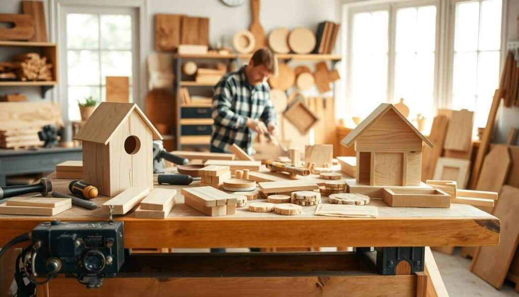 A cozy workshop scene showcasing various DIY wood crafts for beginners. In the foreground, a sturdy workbench is cluttered with mid-sized wooden pieces, tools like a saw, hammer, and sandpaper, and a freshly cut wooden birdhouse partially assembled. The middle ground features a craftsman in casual attire, focused on chiseling wood, surrounded by an array of small handcrafted projects like wooden coasters and picture frames. The background reveals bright, airy windows allowing soft, natural light to flood the space, illuminating the warm wooden tones and creating a serene atmosphere. The overall mood evokes a sense of relaxation and creativity, inviting viewers to embrace the joy of making something themselves.