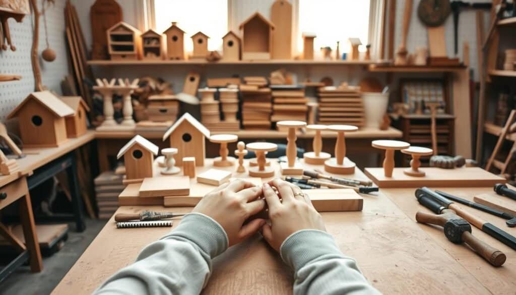 A cozy workshop setting filled with various easy wooden projects like birdhouses, small shelves, and plant stands on a workbench. In the foreground, a pair of hands, wearing modest casual attire, carefully sanding a wooden piece, showcasing craftsmanship and focus. The middle ground features neatly stacked wood pieces and a selection of basic tools like a saw and hammer, emphasizing a welcoming DIY atmosphere. In the background, soft sunlight filters through a window, illuminating the room with a warm, inviting glow. The overall mood is calm and serene, encouraging creativity and mindfulness, making it perfect for someone looking to unwind through woodworking.