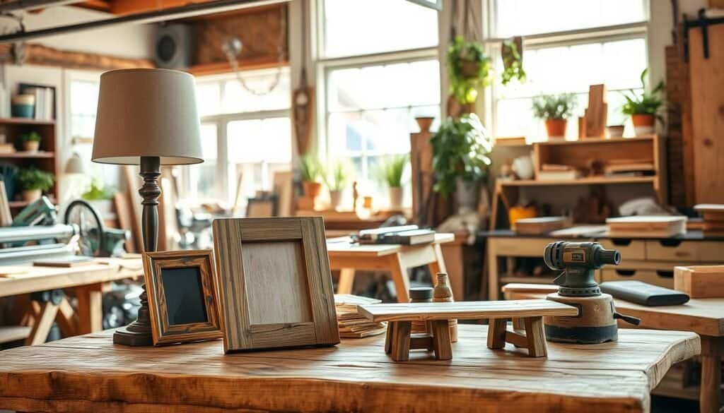 A cozy workshop setting filled with various reclaimed wood projects. In the foreground, a rustic wooden table showcases a selection of handcrafted items, including a stylish lamp, a picture frame, and a small bench, all made from old barn wood with unique textures. The middle ground has tools like saws and sanders neatly arranged, hinting at a creative space in use. In the background, large windows let in bright, natural sunshine, illuminating an airy, well-lit atmosphere, with potted plants adding a touch of greenery. The scene conveys a warm and inviting mood, emphasizing the beauty of DIY craftsmanship and sustainable woodworking practices.