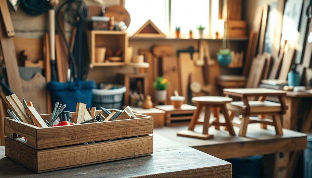 A cozy workshop setting filled with various scrap wood projects organized neatly on a sturdy workbench. In the foreground, a wooden crate filled with small DIY tools and materials, including screws and wood glue. In the middle, several completed projects like a rustic bookshelf, a hanging plant holder, and a small stool, showcasing ingenious designs that solve everyday problems. The background features sunlight streaming through a window, illuminating the vibrant hues of the wood grain, creating a warm and inviting atmosphere. The scene is captured with a soft-focus lens to enhance depth, under bright natural light for a cheerful vibe. The overall mood should convey creativity and practicality in DIY home improvement.