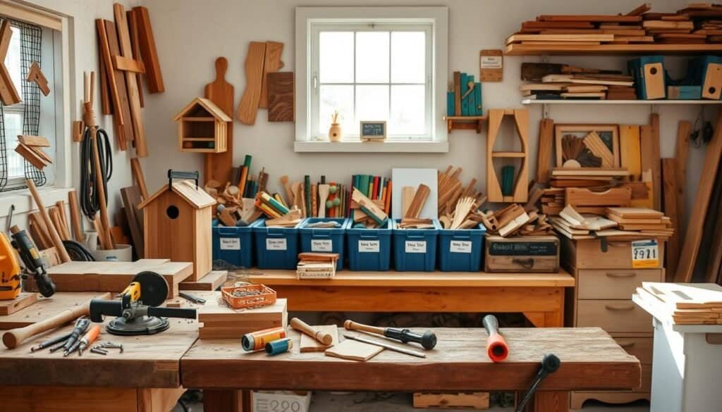A cozy workshop setting filled with various weekend wood projects made from scrap materials. In the foreground, a sturdy wooden workbench is scattered with tools like a saw, hammer, and screws, along with half-finished items like a birdhouse and a small bookshelf. In the middle, colorful wood scraps are neatly organized in labeled bins, while a couple of DIY projects are displayed, showcasing innovative uses of recycled wood. The background features a sunlit window, illuminating the workspace with soft, natural light that creates an inviting and airy atmosphere. The scene evokes a sense of creativity and DIY spirit, perfect for inspiring home woodworkers and hobbyists alike.