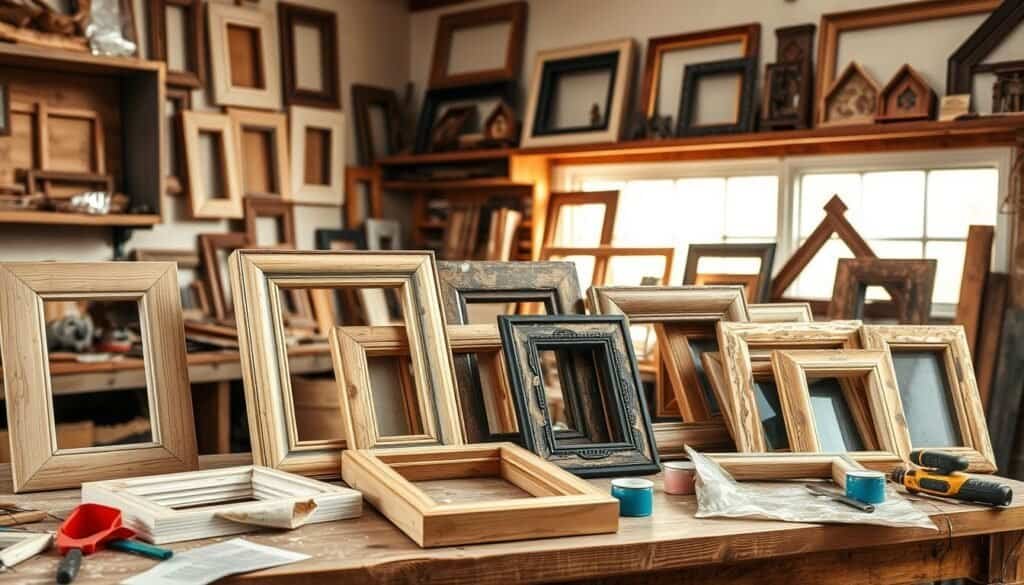 A cozy workshop setting showcasing a variety of rustic wood picture frames in various stages of completion. In the foreground, there are finished frames displaying natural wood grain, some with peeling paint, arranged aesthetically on a wooden table. Tools like a saw, sandpaper, and small paint pots are scattered around, suggesting an inviting DIY atmosphere. The middle ground features shelves adorned with more frames, showcasing distinct styles—some angular, others with elaborate carvings. The background reveals a softly lit window filtering in warm, natural sunlight, casting gentle shadows across the workspace, enhancing the rustic charm. The scene evokes a sense of creativity and tranquility, perfect for a home woodworking project.