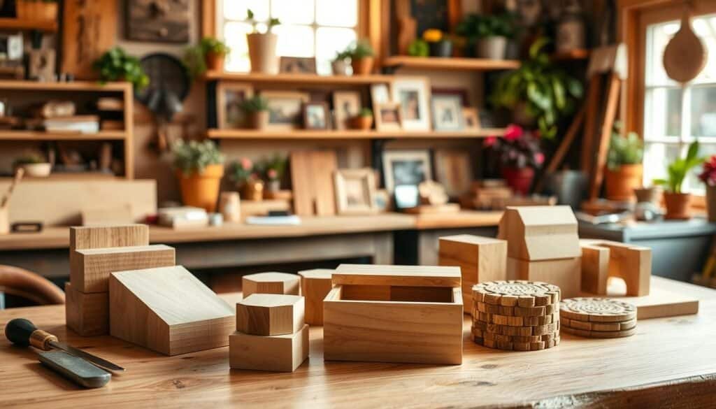 A cozy workshop setting showcasing a variety of small weekend tabletop woodworking projects. In the foreground, a sturdy wooden table displays unfinished wooden blocks, a smooth-cut clamshell box, and intricate coasters, all in natural wood tones, with tools like a chisel and measuring tape nearby. In the middle, softly glowing under warm, natural sunlight streaming through a window, shelves are adorned with completed projects, such as a mini plant holder and decorative photo frames, creating a sense of accomplishment. In the background, colorful potted plants and warm decor enhance the inviting atmosphere, evoking a relaxed, creative mood. Use sharp focus on the projects, with a slightly blurred background, capturing the serene essence of weekend crafting.