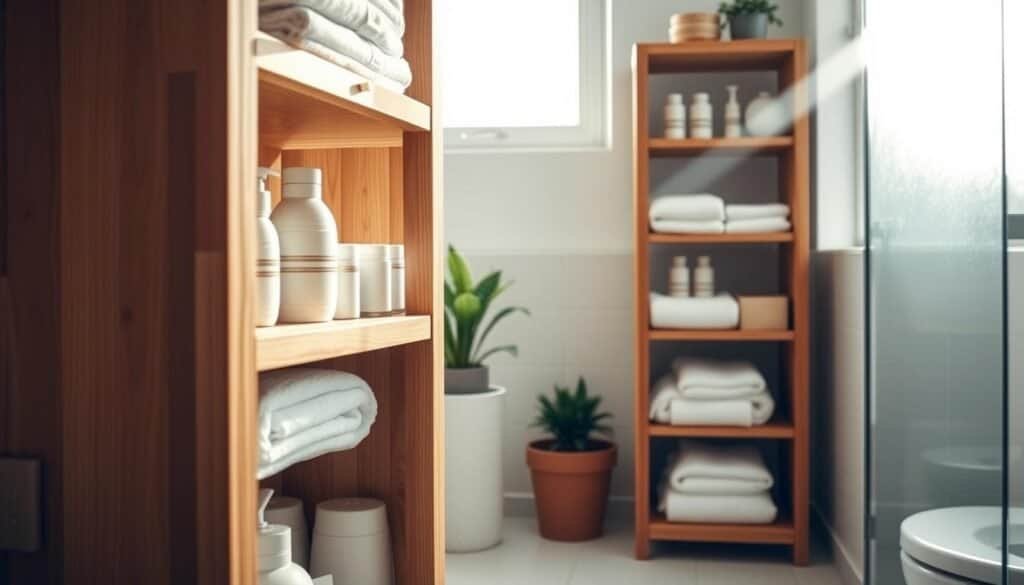 A detailed DIY bathroom storage tower crafted from natural wood, featuring multiple shelves displaying neatly organized toiletries and towels. The foreground showcases the tower with a warm wood finish, emphasizing craftsmanship through visible wood grain and smooth edges. In the middle, a stylish, minimalistic bathroom setting includes soft white tiles and a small potted plant for a touch of greenery. The background highlights soft sunlight streaming through a frosted window, creating an airy and bright atmosphere. The scene is captured at an angle that emphasizes the height of the storage tower while maintaining clarity on the items stored within. This image conveys a calm and productive vibe, perfect for inspiring DIY home improvement projects.