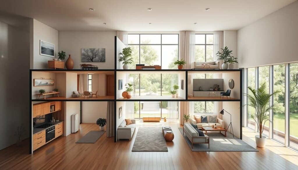 A detailed and realistic house floorplan showcasing the concept of structural balance in interior spaces. The foreground should display various rooms including an open living area, a kitchen with modern appliances, and a cozy bedroom, all designed for optimal spatial flow. The middle layer showcases elegant furniture arrangements and natural pathways, emphasizing equilibrium in design. In the background, large windows allow for bright, soft sunlight to fill the spaces, creating an airy atmosphere. Use a wide-angle lens perspective to capture the overall layout and flow. The mood should be serene and inviting, reflecting the principles of balance and harmony in interior design. Ensure no text or overlays are present in the image.