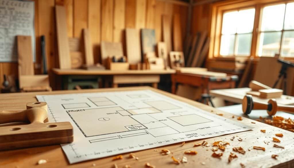 A detailed, clear woodworking project diagram featuring simple yet impressive designs. In the foreground, include well-defined measurements and annotations overlaid on the project layout, showcasing tools like a saw, hammer, and wood. The middle ground highlights various stages of construction, such as cutting, sanding, and assembly, depicted with clean lines. In the background, a warm, bright atmosphere with soft natural sunlight streaming through a window, casting gentle shadows on a wooden workbench and scattered wood shavings. The workspace is organized, conveying a sense of creativity and calm. The overall mood is inviting and inspiring, emphasizing the joy of creating something beautiful from basic materials. The composition should focus on clarity and practicality, without any text or unnecessary distractions.