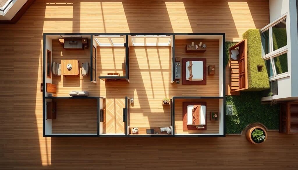 A detailed house floor plan illustrated in a top-down view, showcasing a balanced and enduring design. The foreground features rooms such as a spacious living area and an inviting kitchen with elegant cabinetry. The middle section includes a harmonious layout of bedrooms with ample windows that let in bright, natural light, highlighting the handcrafted woodworking details. The background transitions to a cozy outdoor patio, seamlessly blending indoor and outdoor spaces. The atmosphere is airy and inviting, with soft sunlight filtering through, casting gentle shadows. Utilize a wide-angle lens perspective to capture a comprehensive view that emphasizes the thoughtful architectural choices throughout the floor plan, reflecting timeless design principles.