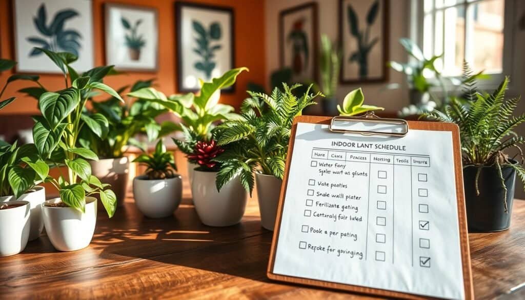 A detailed indoor plant care schedule displayed on a rustic wooden table, surrounded by various vibrant houseplants in ceramic pots. In the foreground, a clipboard with neatly written care instructions and checkboxes for watering, fertilizing, and repotting. The middle layer features a variety of lush greenery such as pothos, snake plants, and ferns, each showcasing their unique textures and colors. The background is softly blurred, revealing warm, sunlit walls adorned with framed botanical prints, creating an inviting atmosphere. The lighting is bright and natural, with soft sunlight streaming in through a nearby window, casting gentle shadows and enhancing the organic feel of the space. The overall mood is peaceful and nurturing, ideal for promoting a harmonious living environment.