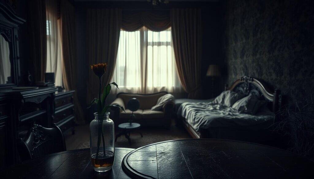 A dimly lit room with a heavy, oppressive atmosphere, featuring dark wood furniture and thick, rich curtains that block out much of the light. In the foreground, an ornate, cluttered wooden table holds a single, wilting flower in a glass vase, symbolizing neglect. The middle ground shows a cozy, but too-crowded living space with worn-out sofas and an unmade bed, casting shadows in the soft natural light that filters in unevenly from the window. In the background, dark, muted wallpaper contributes to the somber mood. The overall lighting is soft and diffused, creating a melancholic ambiance, with subtle contrasts to highlight the heaviness of the room. The composition captures the sense of entrapment, evoking feelings of gloom and stillness, while hinting at the potential for transformation with the introduction of plants.