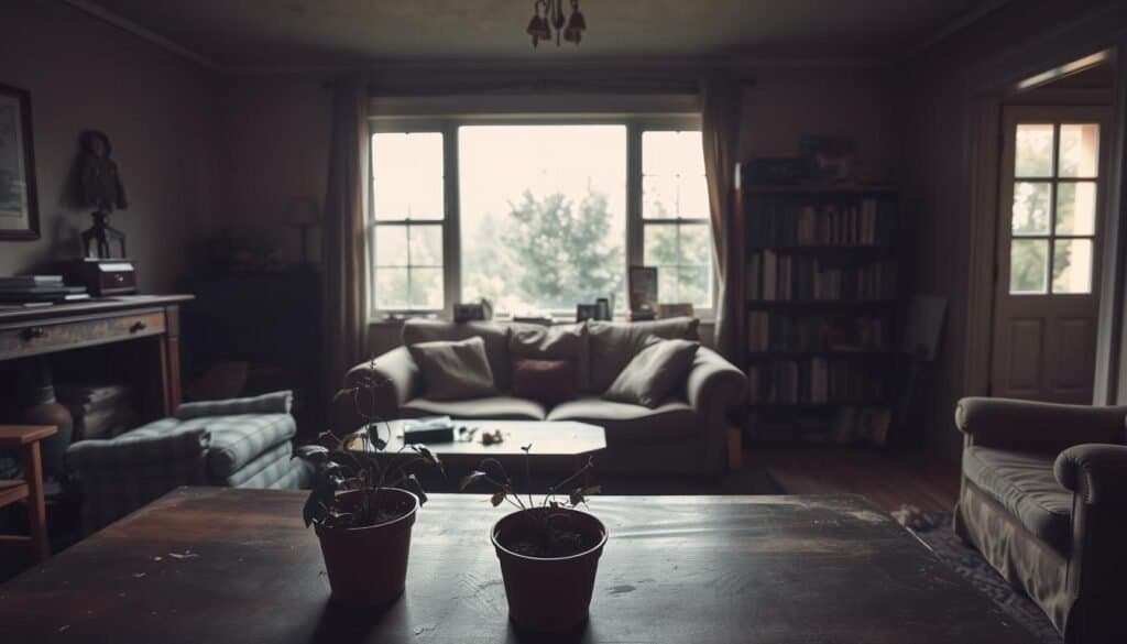 A dimly lit, stagnant living room filled with a mix of dull, dated furniture and muted colors, lacking vibrancy. In the foreground, a potted plant with wilted leaves sits on a wooden coffee table, symbolizing lifelessness. In the middle ground, a worn-out couch with faded cushions reflects a sense of neglect, while a dusty bookshelf leans slightly, holding unorganized books and trinkets. In the background, large windows filter in soft, warm sunlight, revealing a hint of outside greenery but mostly displaying a lack of vitality in the surroundings. The atmosphere is melancholic, as if the space is yearning for renewal and energy. Use a wide-angle lens to capture the entire scene, emphasizing the stark contrast between the lifeless indoor environment and the vibrant outside world.