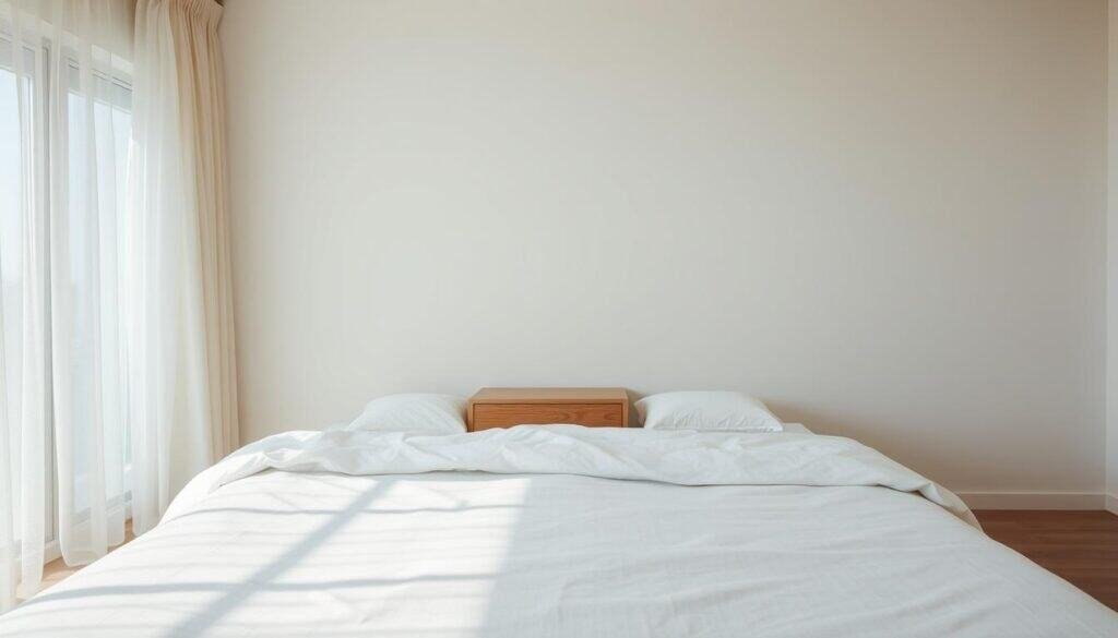A flat and uninspiring bedroom scene, emphasizing a lack of texture and warmth. In the foreground, a plain bed with simple white bedding, devoid of colorful cushions or throws. In the middle, a bare wooden nightstand, stripped of decorative items, and a vacant wall with minimal art, adding to the sense of emptiness. The background features a window with muted, diffused light filtering through sheer curtains, casting soft shadows across the floor. The overall atmosphere is one of sterility and monotony, highlighting the need for revitalization. Capture this scene using bright natural light to enhance the airy, well-lit feel, focusing on the subtle contrasts between light and shadow, and a slightly elevated angle to reveal the spaciousness.