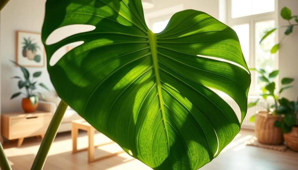 A lush monstera leaf takes center stage in the foreground, showcasing its iconic large, split leaves with a rich green hue and glossy texture. The middle ground features a bright, airy living space with natural wood accents, such as a light-colored wooden table and a woven plant basket. Sunlight pours in from a large window, illuminating the room with soft, warm light that highlights the leaf's details and casts gentle shadows. In the background, subtle hints of other greenery complement the scene without overwhelming it, creating a harmonious atmosphere. The overall mood is fresh, inviting, and rejuvenating, perfect for illustrating how plants can transform a space from gloomy to cheerful.