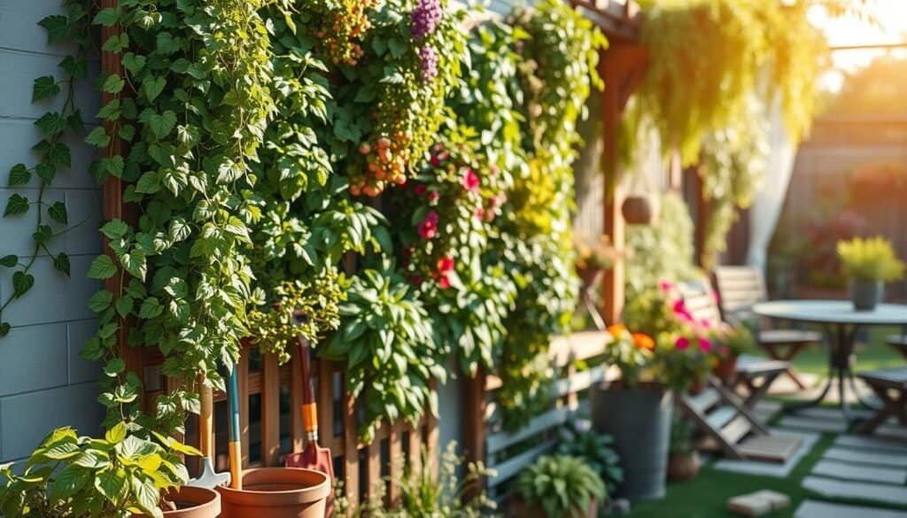 A lush vertical garden filled with a variety of greenery, featuring cascading ivy, vibrant herbs, and colorful flowering plants, arranged on a wooden trellis against a charming outdoor wall. In the foreground, a close-up view showcases a few potted plants and garden tools, hinting at a tidy gardening setup. The middle layer displays the impressive vertical installation, thriving in fresh, bright sunlight, creating a sense of warmth and life. The background features a softly blurred garden space with hints of rustic furniture and a tranquil pathway leading to a serene backyard. The overall mood is inviting, rejuvenating, and harmonious, evoking a sense of natural beauty and outdoor serenity. The scene is illuminated by soft, natural light, enhancing the colors and textures of the plants.