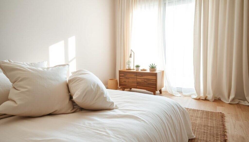 A luxurious bedroom decor featuring natural fibers, including a serene, neutral color palette that intertwines soft linen bedding, a handwoven jute rug, and elegant cotton curtains flowing gracefully. The foreground showcases a plush bed adorned with oversized cushions. In the middle, a stylish nightstand made from reclaimed wood sits next to the bed, adorned with a minimalist lamp and a few carefully placed succulents. The background reveals a sunlit window with sheer curtains allowing soft sunlight to illuminate the room, creating a warm and inviting atmosphere. Use a wide-angle lens to capture the depth of the space, emphasizing the airy feel and tranquil mood. The overall composition conveys a sense of calm and elegance, perfect for a soothing sanctuary.
