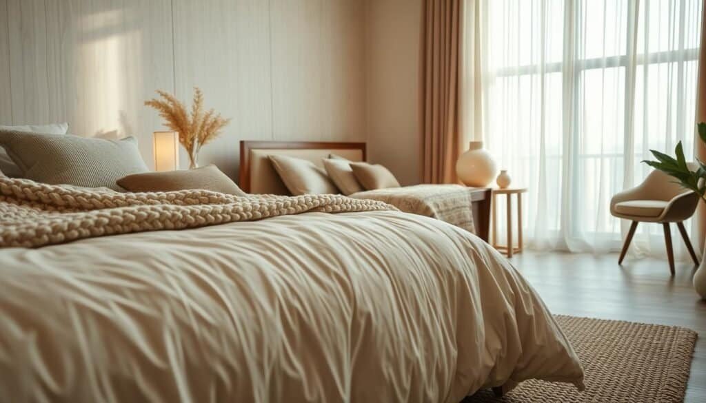 A luxurious bedroom interior featuring rich textures that invite rest and relaxation. In the foreground, a plush bedding set in soft ivory and muted earth tones, layered with a chunky knit throw and decorative pillows. The middle ground showcases a stylish wooden bed frame with subtle grain detailing, complemented by a nightstand adorned with a delicate ceramic lamp casting warm, soft light. The background reveals a large window draped with sheer curtains, allowing gentle sunlight to filter in, illuminating the room and creating a serene atmosphere. A textured rug, woven with natural fibers, covers the floor, providing comfort. The overall mood is calm and grounded, epitomizing a welcoming sanctuary for relaxation.