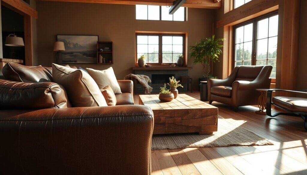 A luxurious leather interior design featuring a cozy living space. In the foreground, a richly textured leather sofa in deep brown, adorned with plush, neutral-toned cushions. The middle ground showcases a wooden coffee table made from reclaimed wood, surrounded by elegant leather accents like a sleek armchair and a soft leather throw. In the background, large windows let in bright natural light, enhancing the warm tones of the leather and hardwood, creating an inviting atmosphere. Sunlight casts soft shadows, highlighting the fine details of the leather. The scene is styled with minimalist decor, emphasizing the tactile quality of leather and hide that matures beautifully with age. The overall mood is sophisticated yet comfortable, evoking a sense of timeless elegance in interior design.