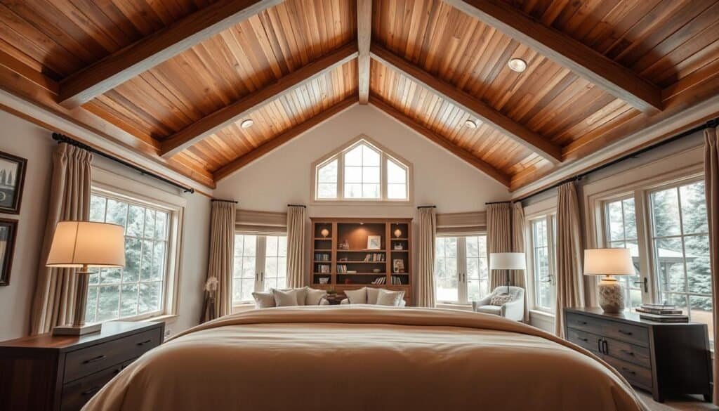 A luxurious master bedroom featuring a stunning vaulted ceiling design. The foreground showcases an elegantly made king-sized bed with plush, soft bedding in calming earth tones. On either side, stylish wooden nightstands hold modern lamps that cast soft, warm light. In the middle ground, a cozy reading nook with a plush armchair and a small bookshelf invites relaxation, while large windows allow bright, natural light to flood the space, enhancing the airy atmosphere. The background captures the intricate wooden detailing of the vaulted ceiling, with beams that add depth and character to the room. The overall mood is serene and inviting, evoking a sense of comfort and tranquility, ideal for restful sleep. The image focuses on showcasing the beauty of the design without any people or text elements.