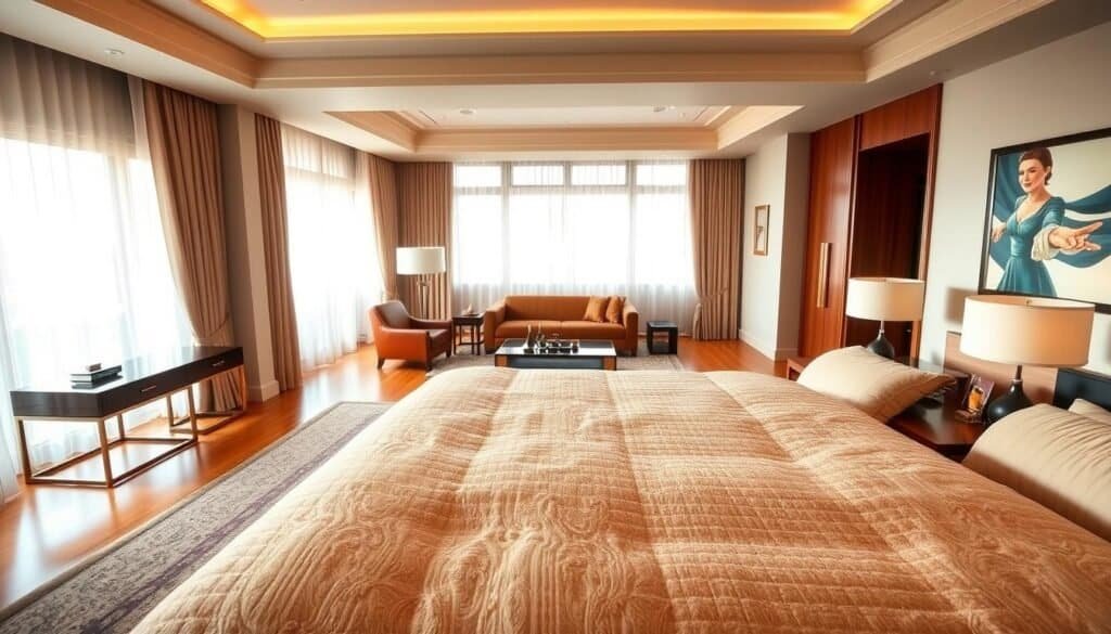 A luxurious master suite featuring an elegantly designed bedroom apartment. The foreground showcases a plush king-size bed adorned with a rich, textured duvet and surrounded by stylish nightstands with modern lamps. In the middle, a spacious seating area with a sleek leather chaise lounge and a coffee table creates a cozy, inviting space. The background reveals large windows draped with sheer curtains, allowing soft, natural sunlight to filter in, illuminating the warm wooden floors and tasteful artwork on the walls. The atmosphere exudes tranquility and sophistication, making it the perfect sanctuary for relaxation. Captured with a wide-angle lens to emphasize the expansive layout and bright, airy feel, highlighting the harmonious balance of luxury and comfort.