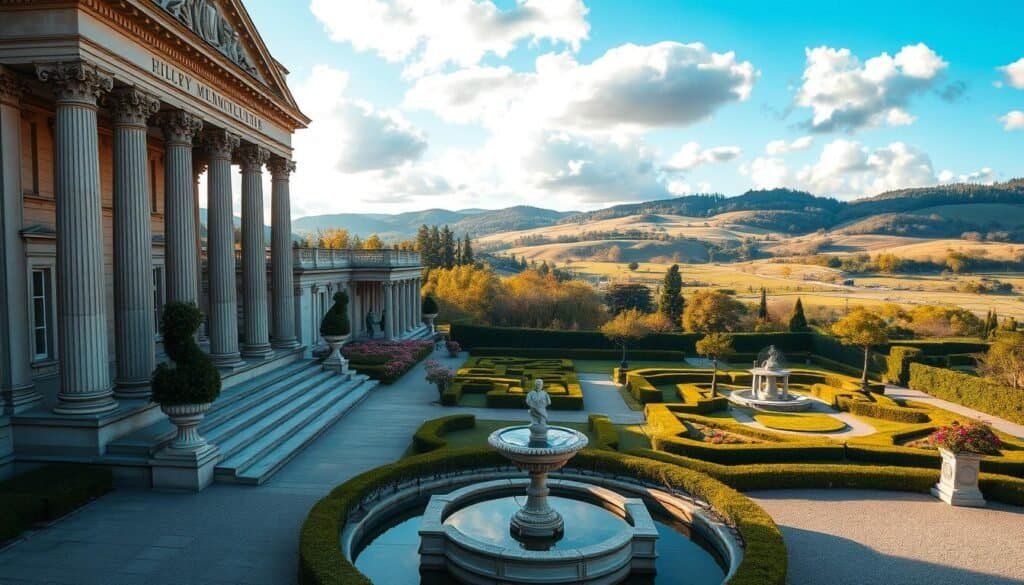 A majestic view of timeless architecture, featuring a grand classical building in the foreground, with ornate columns and intricate stonework. The middle ground showcases beautifully manicured gardens, interspersed with sculptures and a tranquil fountain. In the background, rolling hills and a bright blue sky with fluffy white clouds add depth. Capture the scene during golden hour, with soft sunlight casting warm tones across the building, enhancing its features and evoking a sense of history. The atmosphere is serene and elevated, inviting viewers to appreciate the lasting elegance of architectural choices. The lens should be wide-angle, emphasizing the scale of the architecture while ensuring a harmonious composition.